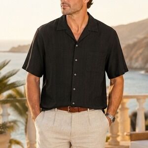 Croft & Barrow Silk Camp Resort Button Up Shirt Black Mens XL